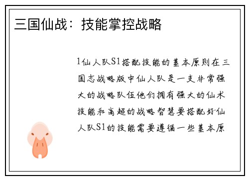 三国仙战：技能掌控战略